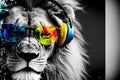 AI generated illustration of a selective color of a cool lion with sunglasses and headphones