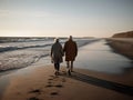 AI generated illustration of a senior couple walking on a beach, holding hands Royalty Free Stock Photo