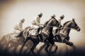 AI generated illustration of a sepia-toned group of jockeys galloping at full speed