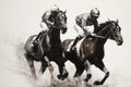 AI generated illustration of a sepia-toned group of jockeys galloping at full speed