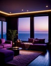 AI-generated illustration of a serene interior bathed in violet hues with a peaceful ocean view Royalty Free Stock Photo