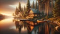 AI generated illustration of A serene lakeside cabin scene during the golden hour