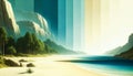 AI generated illustration of A serene landscape featuring a tranquil beach and towering cliffs