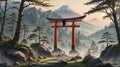 AI-generated illustration of a serene landscape with a red tori gate and Mount Fuji Royalty Free Stock Photo