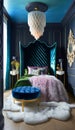 AI generated illustration of a serene and modern bedroom adorned with shades of blue and green