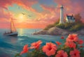 AI generated illustration of a serene painting depicting a lighthouse on an island