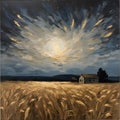 AI generated illustration of a serene painting of a house in a wheat field during twilight