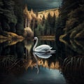 a painting of a swan floating down the lake and tree line Royalty Free Stock Photo