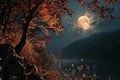 AI-generated illustration of a serene scene of a moonlit tree on the tranquil lakeside