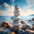AI generated illustration of a serene scene with a stack of balanced stones by the seashore Royalty Free Stock Photo