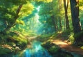 the stream running through the middle of a forest filled with trees Royalty Free Stock Photo