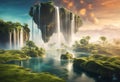 AI generated illustration of a serene and tranquil scene of a cascading waterfall Royalty Free Stock Photo