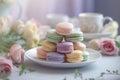 AI generated illustration of a set of colorful macarons served on a table