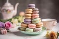 AI generated illustration of a set of colorful macarons served on a table