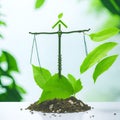 AI generated illustration of a set of natural balance scales constructed from green leaves