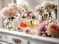 A set of three perfume bottles, arranged on a small white dresser, accompanied by colorful flowers Royalty Free Stock Photo