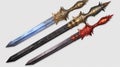 AI generated illustration of a set of three swords with ornate gold handles on a white background