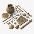 AI generated illustration of a set of vintage kitchen medieval objects on white background