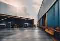 AI generated illustration of several large freight trucks parked in a secure indoor storage facility