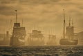 AI-generated illustration of several large ships moored in the tranquil waters covered in fog