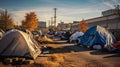 AI-generated illustration of several tents next to an industrial building