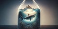 AI Generated illustration from shark inside bottle with ocean and island in distance and copy space Royalty Free Stock Photo