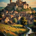 AI generated illustration of sheep grazing near river with castle in background