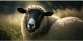 AI generated illustration of sheep with thick fur looking at camera while standing in grassy field in gloomy day