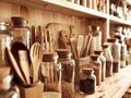 AI generated illustration of a shelf stocked with an assortment of kitchen utensils and cookware