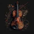AI generated illustration of a shiny violin on a black matte background with floral patterns