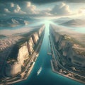 AI-generated illustration of a ship passing between cliffs, a landscape resembling Corinth Canal