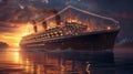 AI generated illustration of a ship sailing under the starry night, emitting smoke into the ocean Royalty Free Stock Photo