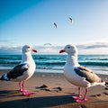 AI-generated illustration of a shot of two shorebirds standing on a beach