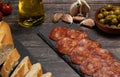 snacks on the table: bread, sausage and olives