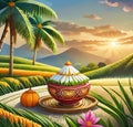 AI generated illustration showcasing offerings during Pongal celebration in a paddy field