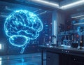 Futuristic AI Brain Hologram in Advanced Laboratory Artificial Intelligence Neuroscience and Digital Healthcare Technology Concept Royalty Free Stock Photo