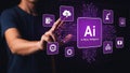 Person interacting with futuristic artificial intelligence interface on a virtual screen Royalty Free Stock Photo
