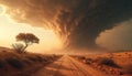 AI-generated illustration shows huge tornado sweeping across desert landscape. Storm, thunder, lightning, and flash of light Royalty Free Stock Photo
