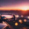 AI-generated illustration of a side view mirror of a car at sunset Royalty Free Stock Photo