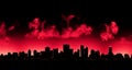 AI generated illustration of a silhouette of buildings at pink sunset