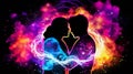 AI generated illustration of a silhouette of a couple embracing on vibrant background Royalty Free Stock Photo
