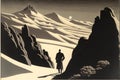 AI generated illustration of a silhouette of a lone person in the wilderness with mountains