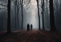 AI generated illustration of silhouette of people walking down a foggy trail through a wooded area Royalty Free Stock Photo