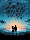 AI generated illustration of a silhouette of a romantic couple with balloons in the sky