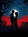 AI generated illustration of a silhouette of a romantic couple embracing under the moonlight