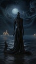 AI generated illustration of a silhouette of a spooky creature in a dark dress standing on water