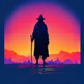 AI generated illustration of a silhouette of a wizard against a vibrant background