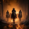 AI generated illustration of silhouetted cowboys riding their horses through a foggy landscape