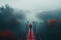 AI generated illustration of a silhouetted figure walking on a suspension bridge shrouded in fog