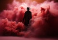 AI generated illustration of a silhouetted male figure in pink smoke